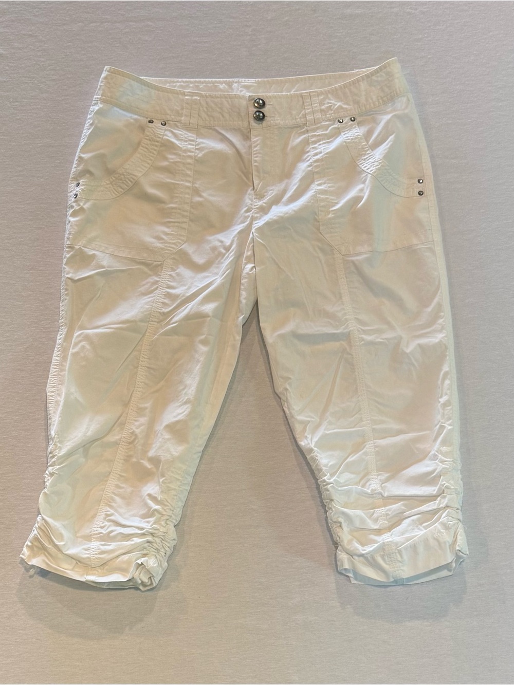 INC International Concepts White Capri Pants Ruched Legs Rhinestones Size 12